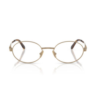 Gold round metal eyeglasses with tortoiseshell temple tips resting on a white surface.