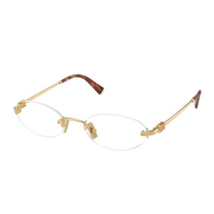 Gold-toned rimless glasses with thin lenses and tortoiseshell temple tips on the ends.