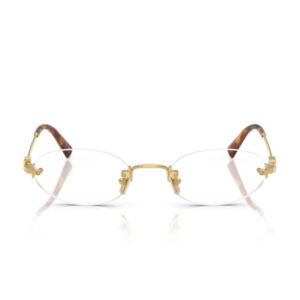 Front view of rimless eyeglasses with a gold bridge and temples, tortoiseshell tips on the ends