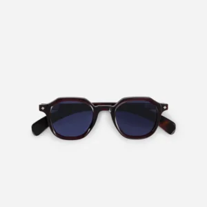 Dark burgundy square-frame sunglasses with blue lenses, photographed on a white background