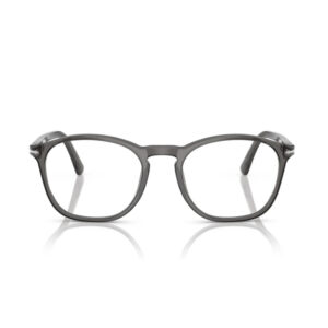 Gray full-frame eyeglasses photographed head-on on a white background.