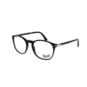 Black Persol eyeglasses with round frames and silver accents on temples, displayed against a white background.