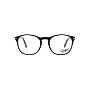 Black round eyeglasses with a full black frame and Persol logo on the right lens.