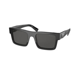 Black rectangular sunglasses with dark lenses, Prada branding on the temples.