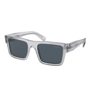 Clear-framed rectangular Prada sunglasses with dark lenses at an angle on a white background.