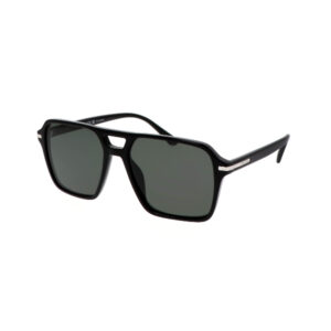 Black square-frame sunglasses with dark lenses, angled view showing the glossy finish and slim arms.