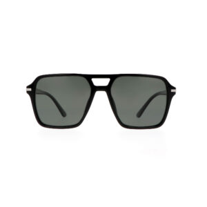 Black rectangular sunglasses with dark gray lenses on a white background (product photo)