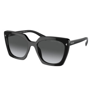 Black oversized square sunglasses with gradient gray lenses and Prada branding on the temples