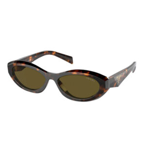 Tortoiseshell oval sunglasses with brown lenses and Prada logo on the temple.