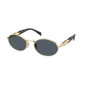 Gold-toned round sunglasses with dark lenses and black temples, Prada brand.