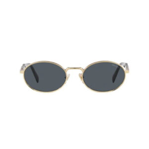 Gold oval-frame sunglasses with dark gray lenses.