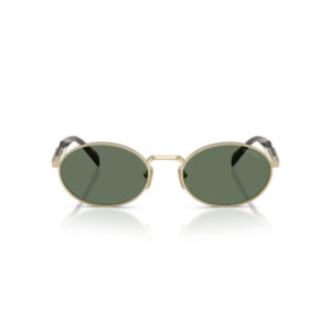 Gold-framed round sunglasses with dark green lenses, facing forward on a white background.