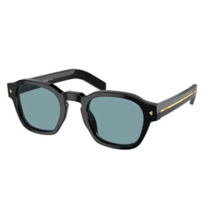 Black square-frame sunglasses with teal lenses and subtle gold accents on the temple arms.