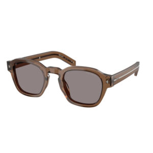 Brown square sunglasses with dark lenses and a translucent frame there.