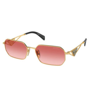 Gold-tone Prada sunglasses with a rectangular frame and pink gradient lenses, showing the brand on the lens