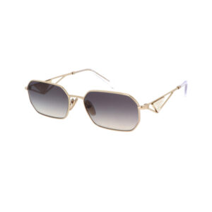 Gold-framed sunglasses with square gradient lenses fading from dark gray to light gray on white background.