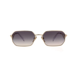 Gold-framed sunglasses with gradient gray lenses and rounded-rectangle lenses, facing forward.