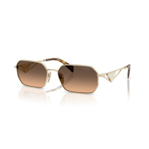 Prada gold metal-frame sunglasses with brown gradient lenses on a white surface (square shape).