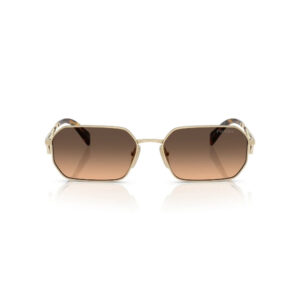 Gold-toned metal sunglasses with rectangular brown-gradient lenses and a Prada logo on the right lens