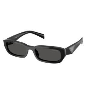 Black rectangular Prada sunglasses with a thick frame and dark lenses, logo visible on the temple axis.