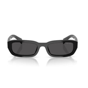 Sleek black rectangular sunglasses with dark lenses; Prada logo visible on the right lens.