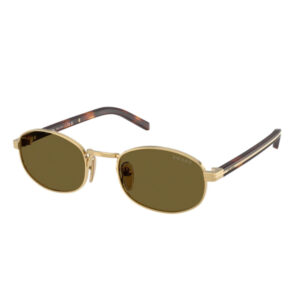 Gold-tone metal sunglasses with brown lenses and tortoiseshell arms, branded Prada.