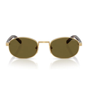 Gold-tone oval sunglasses with brown lenses on a white studio backdrop.