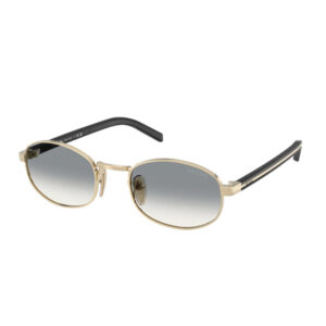 Gold-rimmed sunglasses with gradient gray lenses and black temples; Prada branding on the lens.