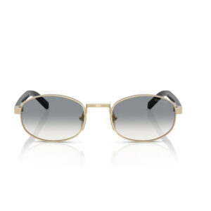 Gold metal-framed sunglasses with gray gradient lenses, oval shape and black temple tips on a white background, reflective surface beneath.