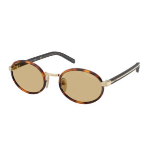 Round tortoiseshell sunglasses with gold-toned bridge and temples, Prada branding on the lens.