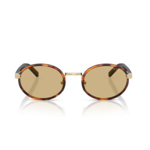 Round tortoiseshell sunglasses with amber lenses and a slim gold bridge; reflection on a white background.