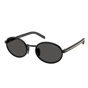 Prada black oval sunglasses with a slim bridge and dark lenses.
