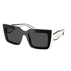 Black oversized square sunglasses with white temples, featuring the Prada logo on the temple and dark lenses.