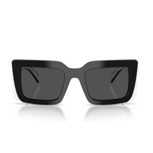 Oversized black square sunglasses with white side panels on a white background.