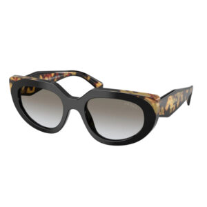 Designer sunglasses with a black oval frame, tortoiseshell temples, and gradient gray lenses.