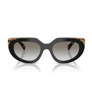 Oversized black fashion sunglasses with tortoiseshell temples and gradient gray lenses on a white background