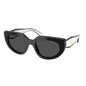 Black Prada sunglasses with large rounded lenses and white temples bearing the Prada logo on the side.