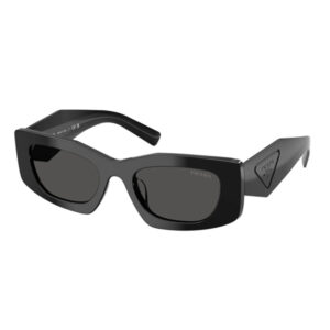 Black Prada sunglasses with oversized rectangular frames and dark lenses; Prada logo on the temple.