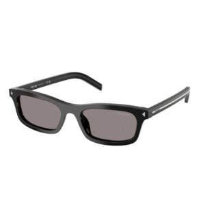 Black rectangular sunglasses with dark lenses and Prada branding on the temples, glossy black frame
