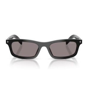Black rectangular sunglasses with dark lenses and a subtle Prada logo on the temple.