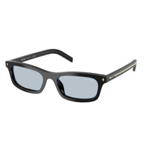 Prada black rectangular sunglasses with light blue lenses and subtle gold accents on the temples.