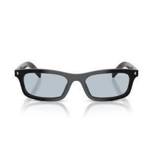 Black rectangular sunglasses with gray-blue lenses; Prada branding visible on the right lens.