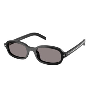 Black rectangular sunglasses with dark gray lenses on a white background.