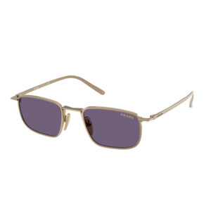 Designer sunglasses with a gold-tone metal frame and purple rectangular lenses; Prada branding visible on the lens and temple.