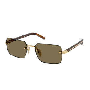 Prada rectangular brown-lens sunglasses with tortoiseshell arms and gold-tone bridge detail.