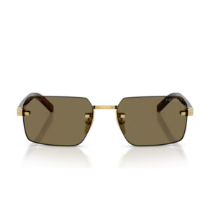 Pair of rectangular brown-lens sunglasses with a gold metal frame and nose pads