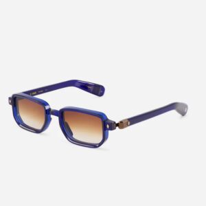Blue square-frame sunglasses with gradient brown lenses and metal hinge accents on a white background