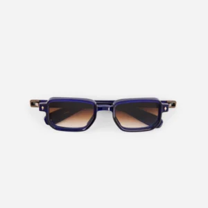 Blue rectangular sunglasses with brown gradient lenses on a white background, front view.