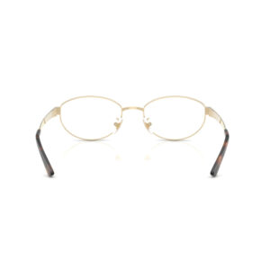 Gold metal rim eyeglasses with tortoiseshell temple tips, viewed head-on.