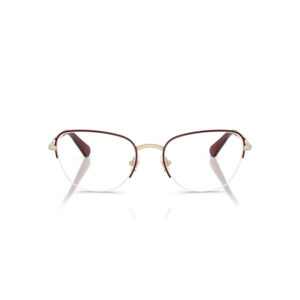 Rimless eyeglasses with burgundy top frame and gold bridge on a white background.